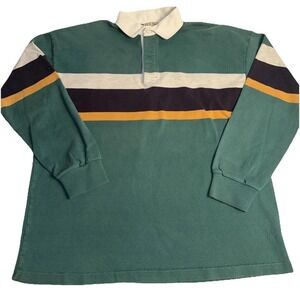 Vintage LL Bean Rugby Shirt Mens Green Striped Heavy Cotton Made in USA